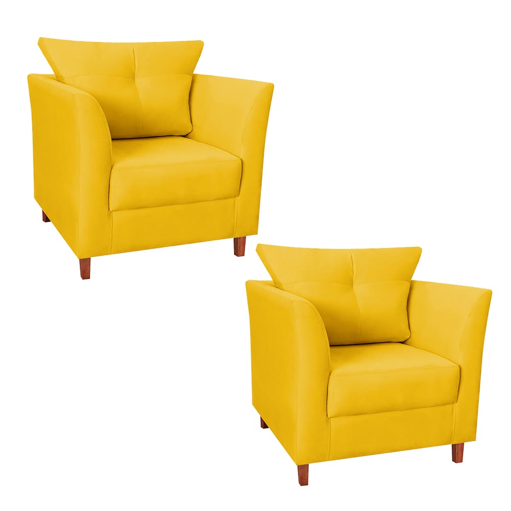 Jogo 02 Poltrona Estofada Com Almofada Isis Recepção Consultório Suede Amarelo - LM DECOR