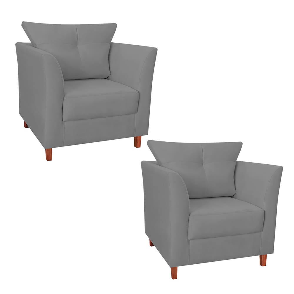 Jogo 02 Poltrona Estofada Com Almofada Isis Recepção Consultório Suede Cinza - LM DECOR
