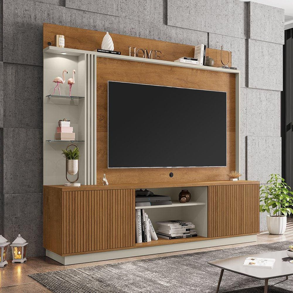 Estante Home para TV até 65 Polegadas 2 Portas LED Embutido Atlanta Móveis Bechara Marromlle/Branco