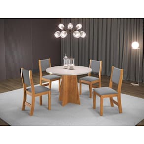 Conjunto Sala de Jantar Mesa Chilli 90cm Tampo Redondo com 4 Cadeiras Sol Viero Mel/Blonde/Cinza