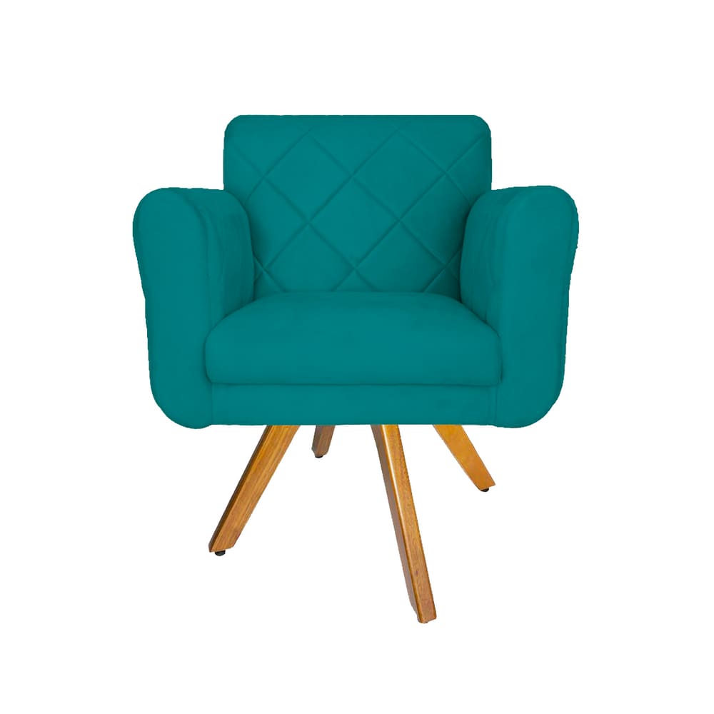 Poltrona Estofada Com Base Giratória De Madeira Sala Isabella Suede Azul Turquesa - LM DECOR