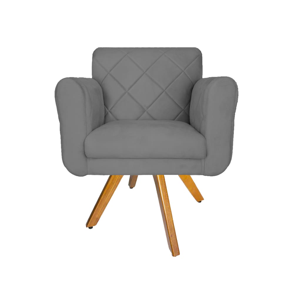 Poltrona Estofada Com Base Giratória De Madeira Sala Isabella Suede Cinza - LM DECOR