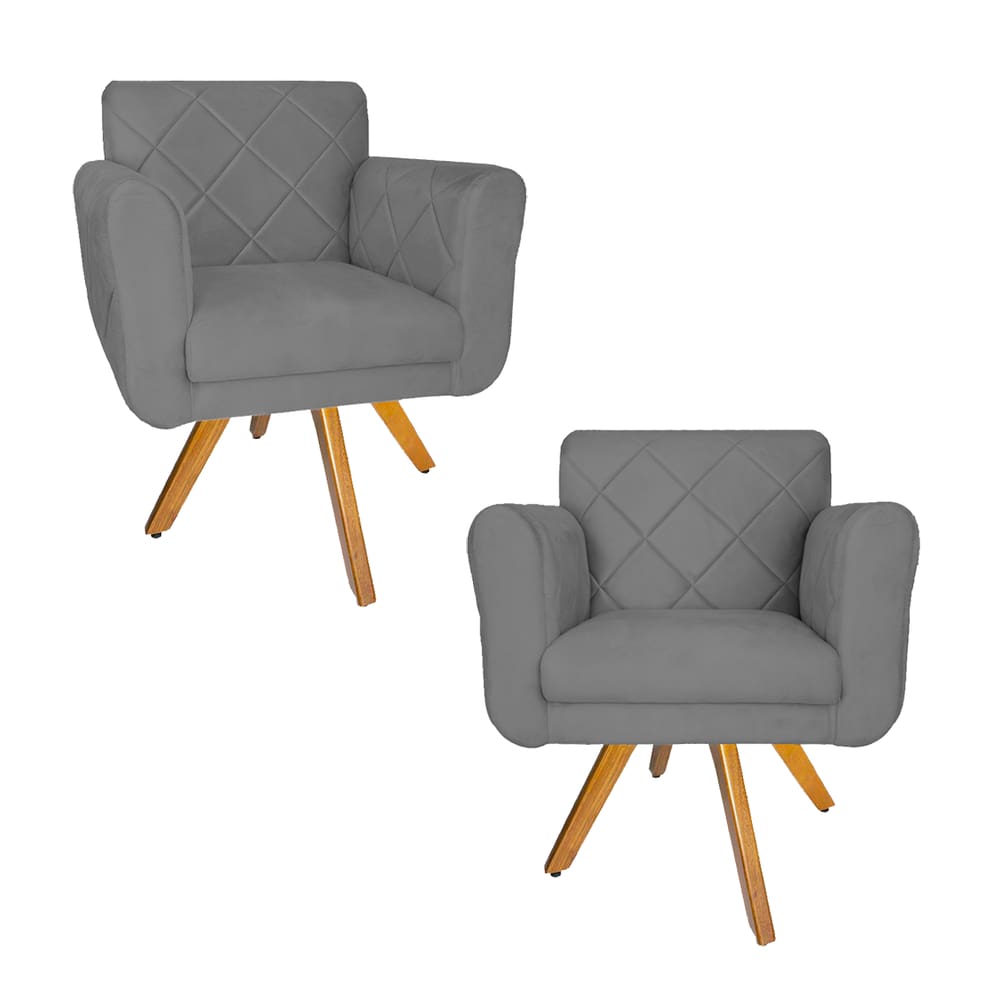Conjunto 2 Poltrona Decorativa Com Base Giratória De Madeira Isabella Suede Cinza - LM DECOR