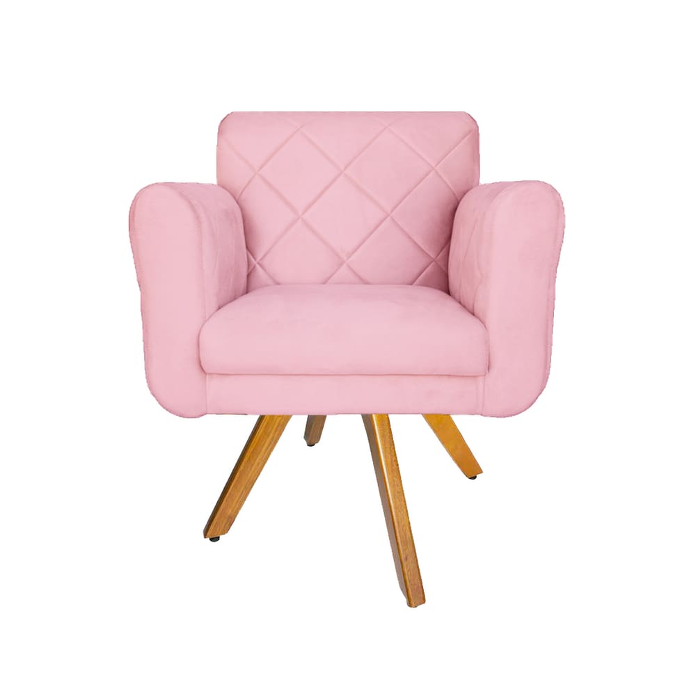 Poltrona Estofada Com Base Giratória De Madeira Salão Isabella Suede Rosa Bebe - LM DECOR