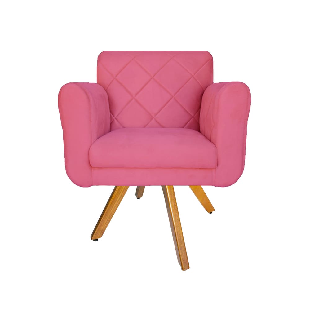 Poltrona Estofada Com Base Giratória De Madeira Salão Isabella Suede Rosa Barbie - LM DECOR