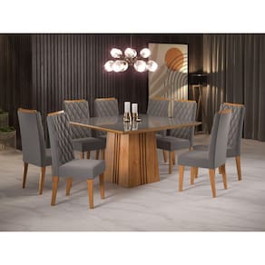 Conjunto Sala de Jantar Mesa Bela com 8 Cadeiras Iza Viero Mel/Cinza/Grafite