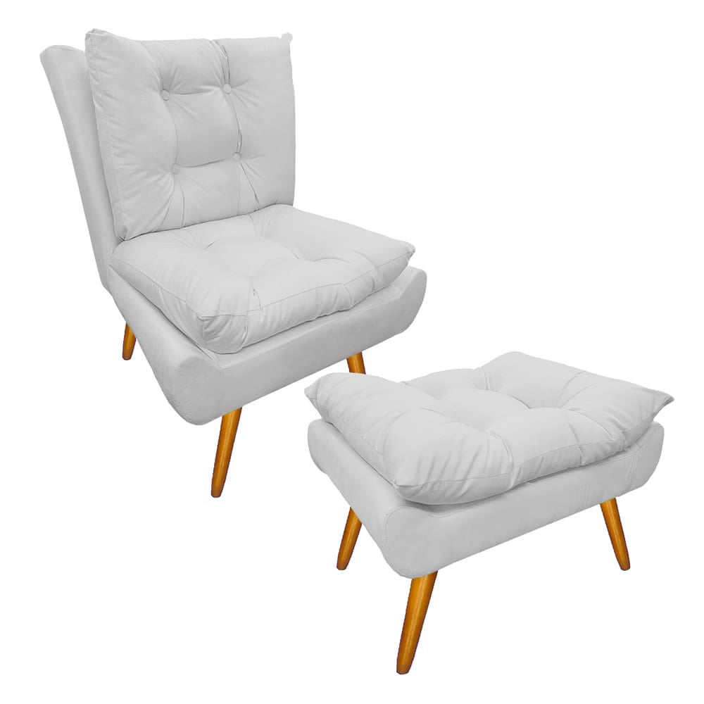 Jogo 1 Poltrona e 1 Puff Para Sala Comercial Karen Corano Branco - LM DECOR