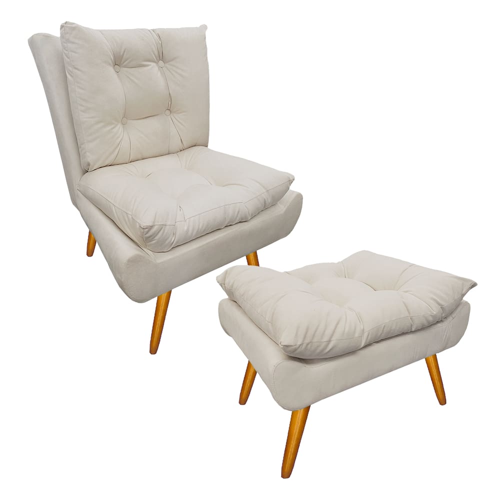 Jogo 1 Poltrona e 1 Puff Para Sala Comercial Karen Suede Bege - LM DECOR
