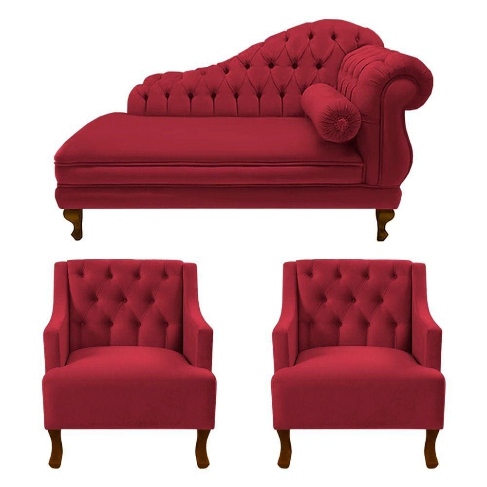 Divã Larissa 160 cm Esquerdo de quem senta e 2 Poltronas Genesis Suede Vermelho - LM DECOR