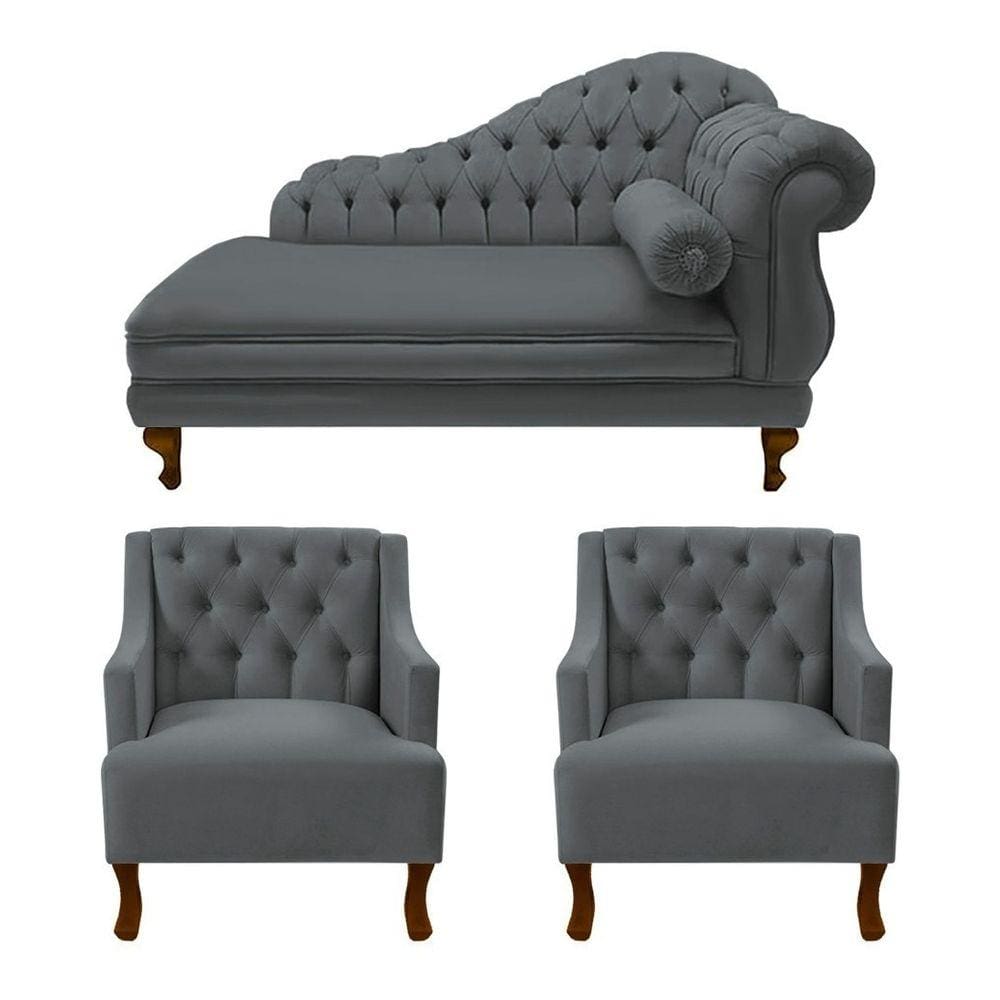 Divã Larissa 150 cm Esquerdo de quem senta e 2 Poltronas Genesis Suede Cinza - LM DECOR