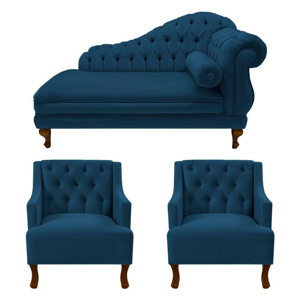 Divã Larissa 160 cm e 2 Poltronas Genesis Suede Azul Marinho - LM DECOR