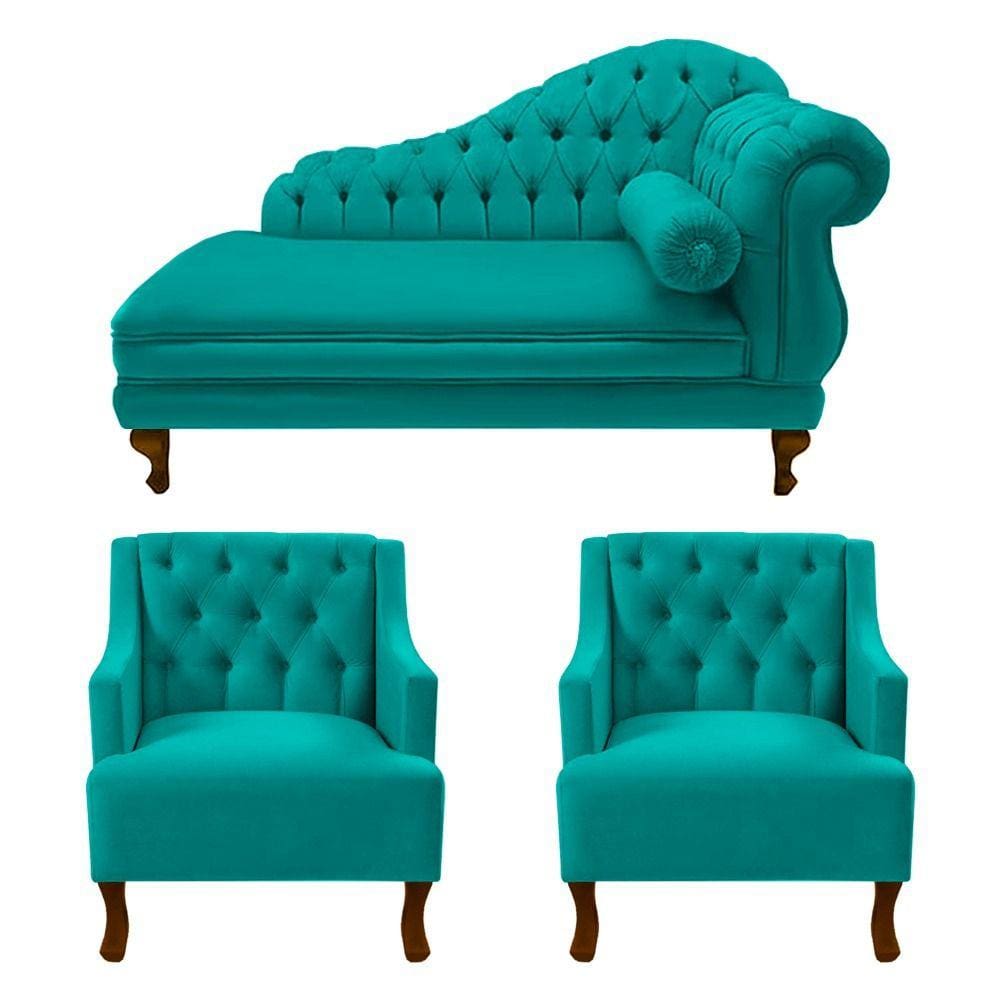 Divã Larissa 150 cm e 2 Poltronas Genesis Suede Azul Turquesa - LM DECOR