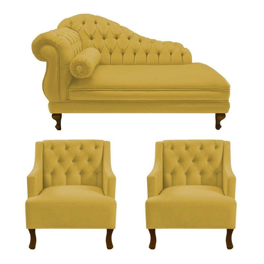 Divã Larissa 150 cm Direito de quem senta e 2 Poltronas Genesis Suede Amarelo - LM DECOR