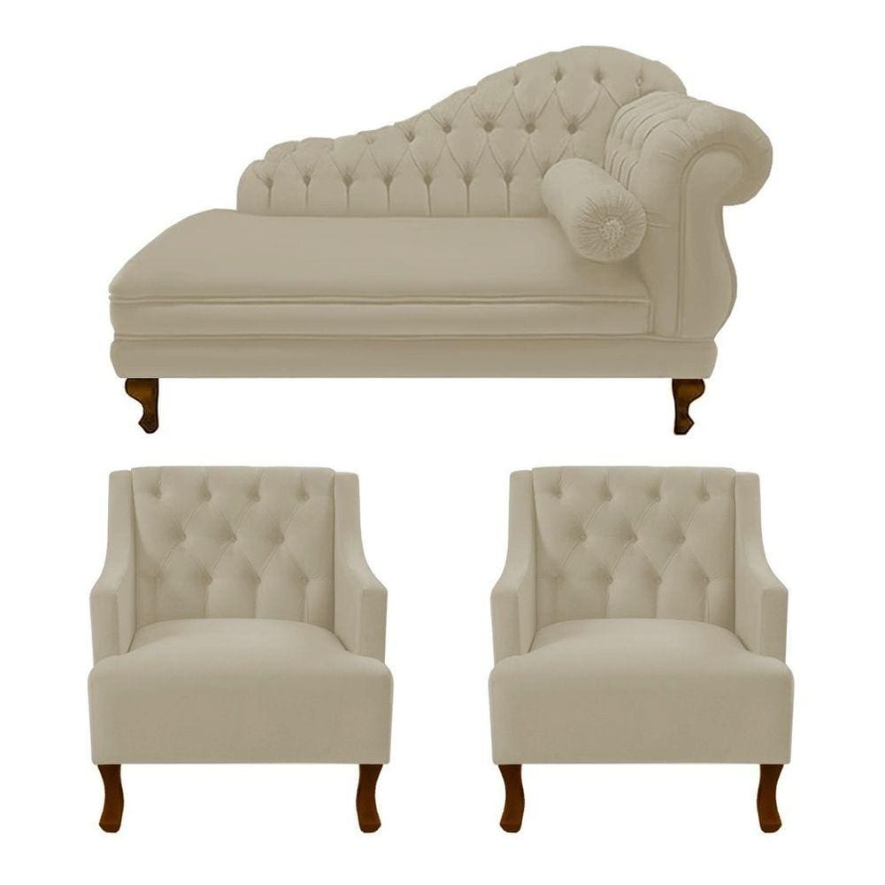 Divã Larissa 150 cm e 2 Poltronas Genesis Suede Bege - LM DECOR