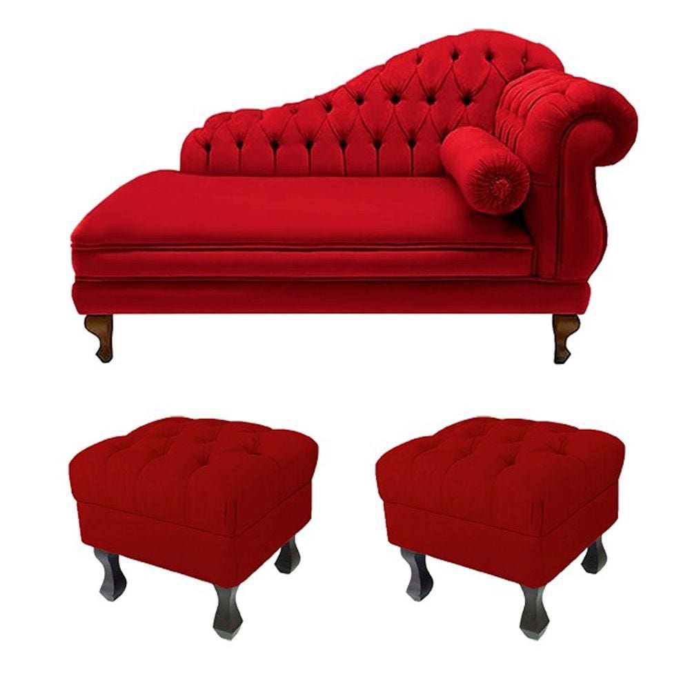 Recamier Divã Namoradeira Larissa 150cm + 2 Puffs Retrô Suede Vermelho - LM DECOR