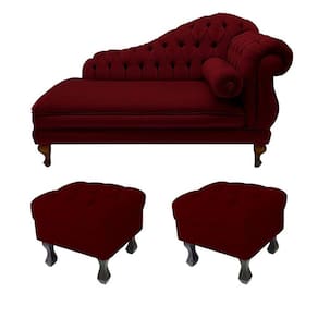 Divã Recamier Namoradeira Larissa 150cm + 2 Puffs Retrô Suede Vermelho Bordô - LM DECOR