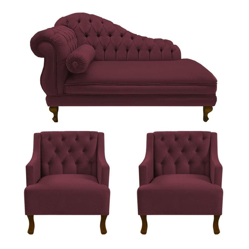 Divã Larissa 150 cm Direito de quem senta e 2 Poltronas Genesis Suede Vermelho Bordo - LM DECOR