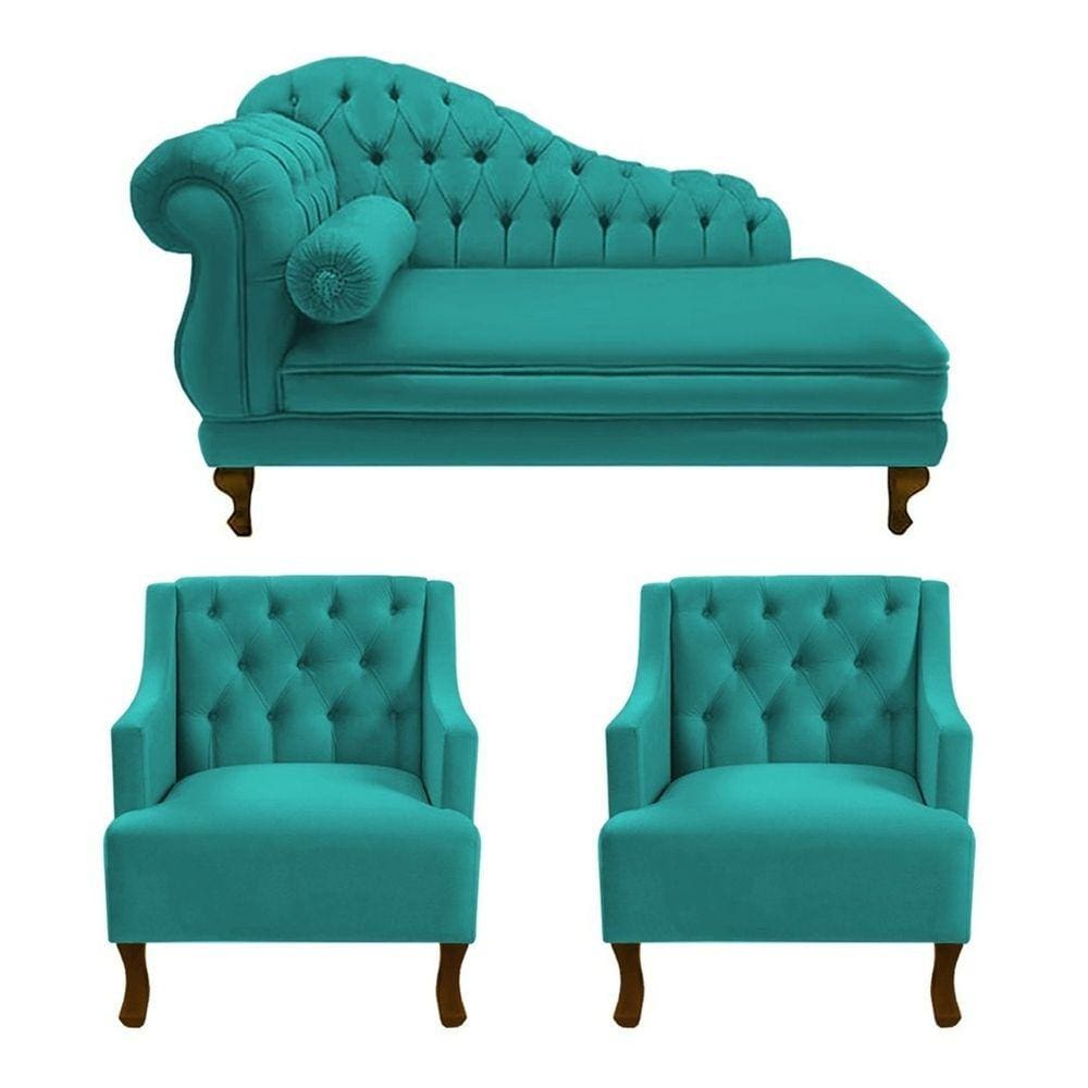Divã Larissa 160 cm Direito de quem senta e 2 Poltronas Genesis Suede Azul Turquesa - LM DECOR