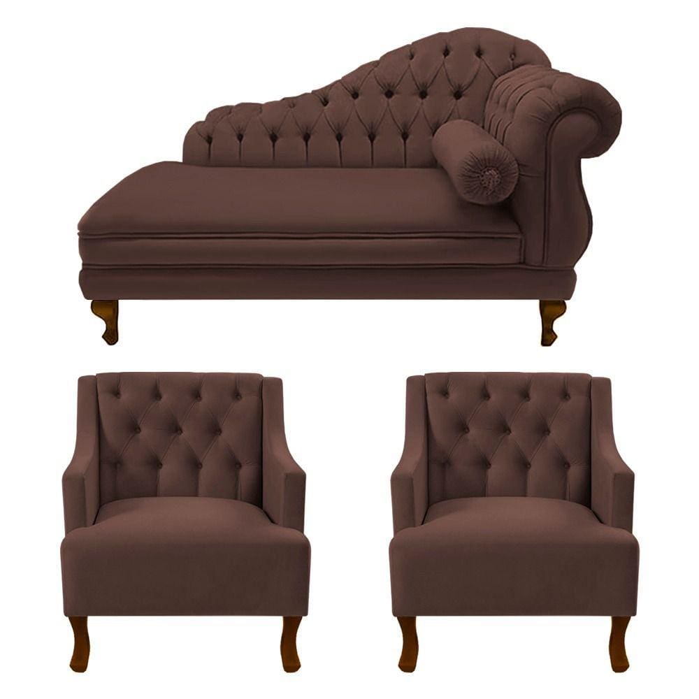 Divã Larissa 150 cm e 2 Poltronas Genesis Suede Marrom - LM DECOR