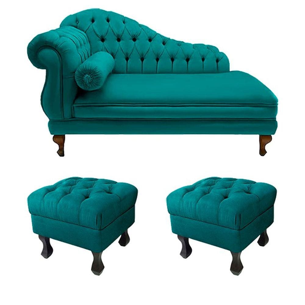 Recamier Divã Namoradeira Larissa 150cm + 2 Puffs Retrô Suede Azul Turquesa  - LM DECOR