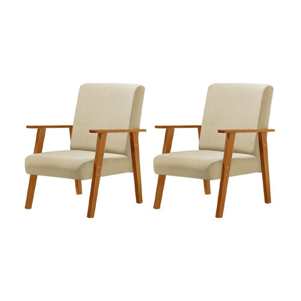Kit 2 Poltronas Decorativas para Sala de Estar Juliana Veludo Bege Base Madeira Maciça