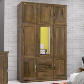 Guarda-Roupa Solteiro Paris 8 Portas 3 com Espelho Gavetas Madeira Maciça Castanho 367 - Lanes