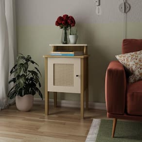 Mesa de Apoio Lateral de Canto de Sofá MDF 1 Porta Prateleira Sala Multiuso Marrom Madeira Off White