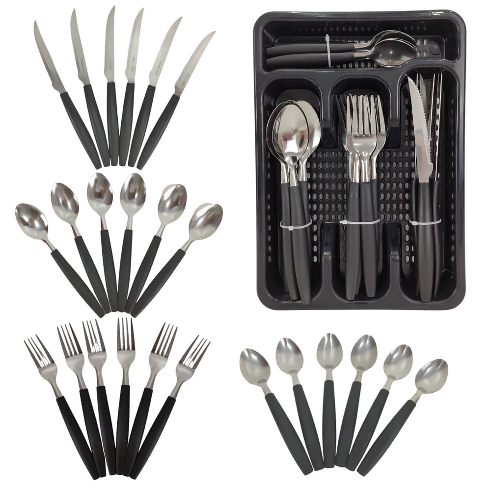 Faqueiro Talheres 25 Peças Aço Inox Porta Talher Organizador Faca Colher Garfo Colher de Chá Preto