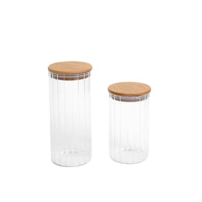Kit 2 potes vidro herméticos para mantimentos canelado com tampa de bambu - Oikos