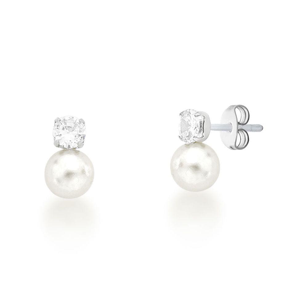 Brinco Pérola + Zirconia Antialérgico Aço Inox c/ Garantia
