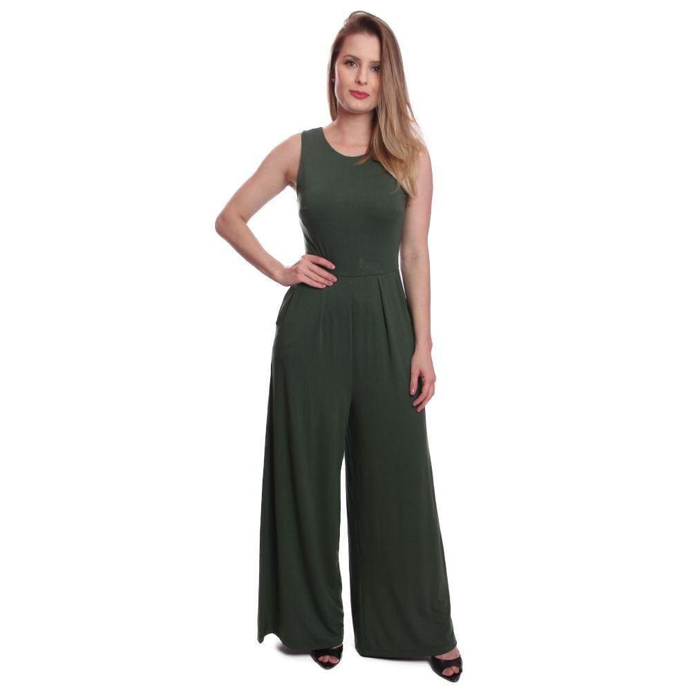 Macacão Pantalona Feminino Longo Social Com Bolsos Elegante