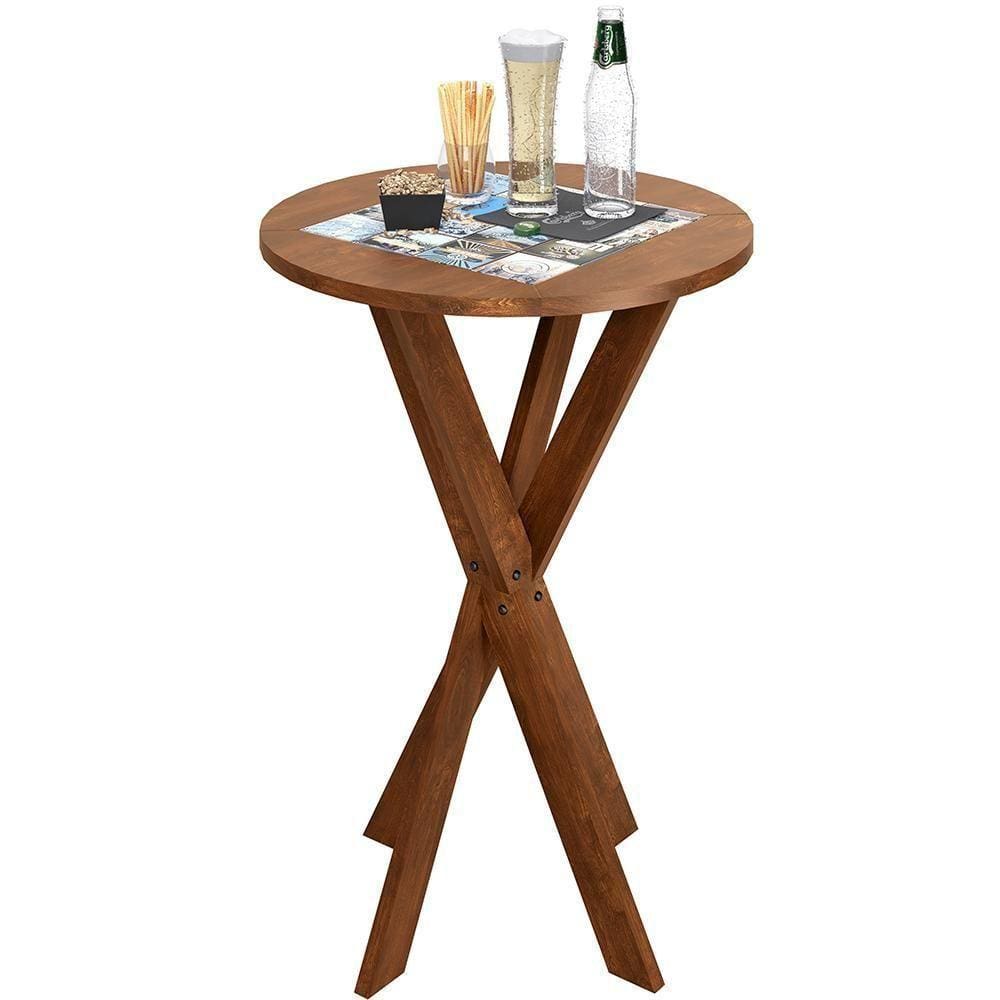 Mesa Bistrô Redonda De Madeira Maciça Pinus Rústica Com Cerâmica Vintage W02 Imbuia - Lyam Decor