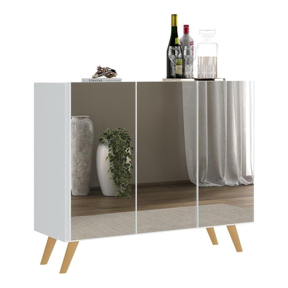 Aparador Buffet 2 Portas Com Espelho Retrô Vegas V3613 Branco/Natural Branco/Natural
