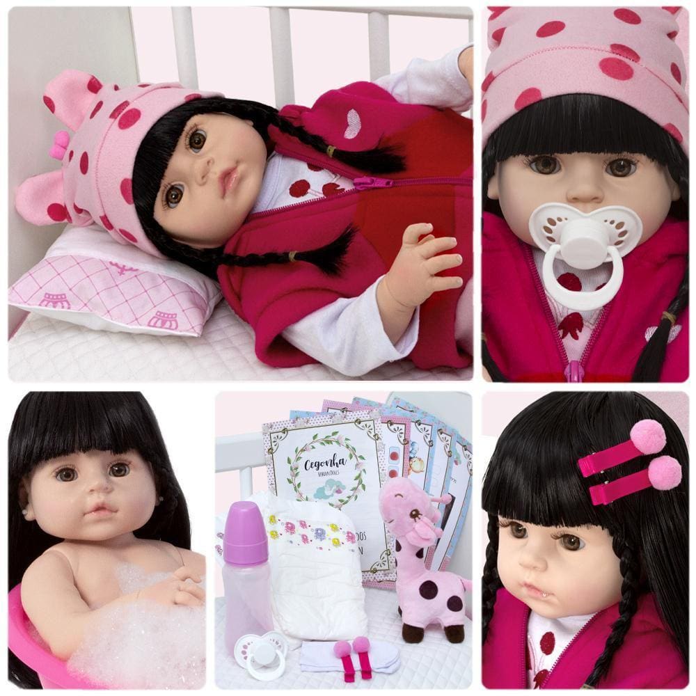 Boneca Bebê Reborn De Silicone Girafinha Morena 14 Itens