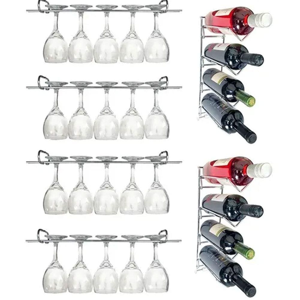 Conjunto de 4 Suportes 25cm para Taças e 2 Adegas de Parede para Vinho Duler Aço Cromado