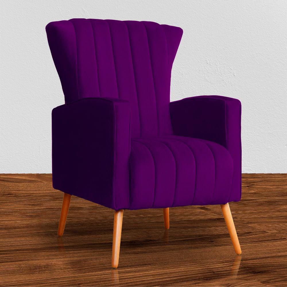 Poltrona Estofada Pés Palito Sala de Estar Melinda Veludo Roxo - LM DECOR