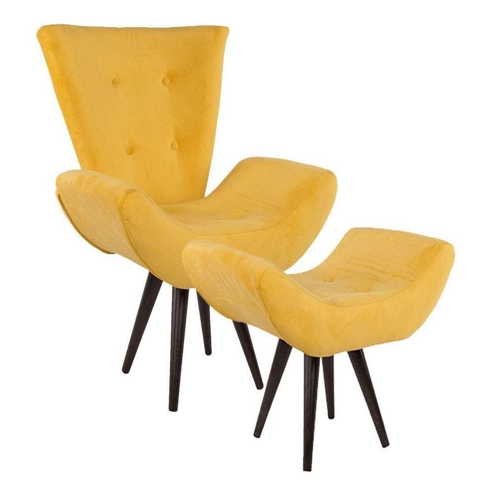 Kit Poltrona Cadeira + Puff Maisa Decorativo Para Recepção Sala Estar Suede Amarelo - LM DECOR
