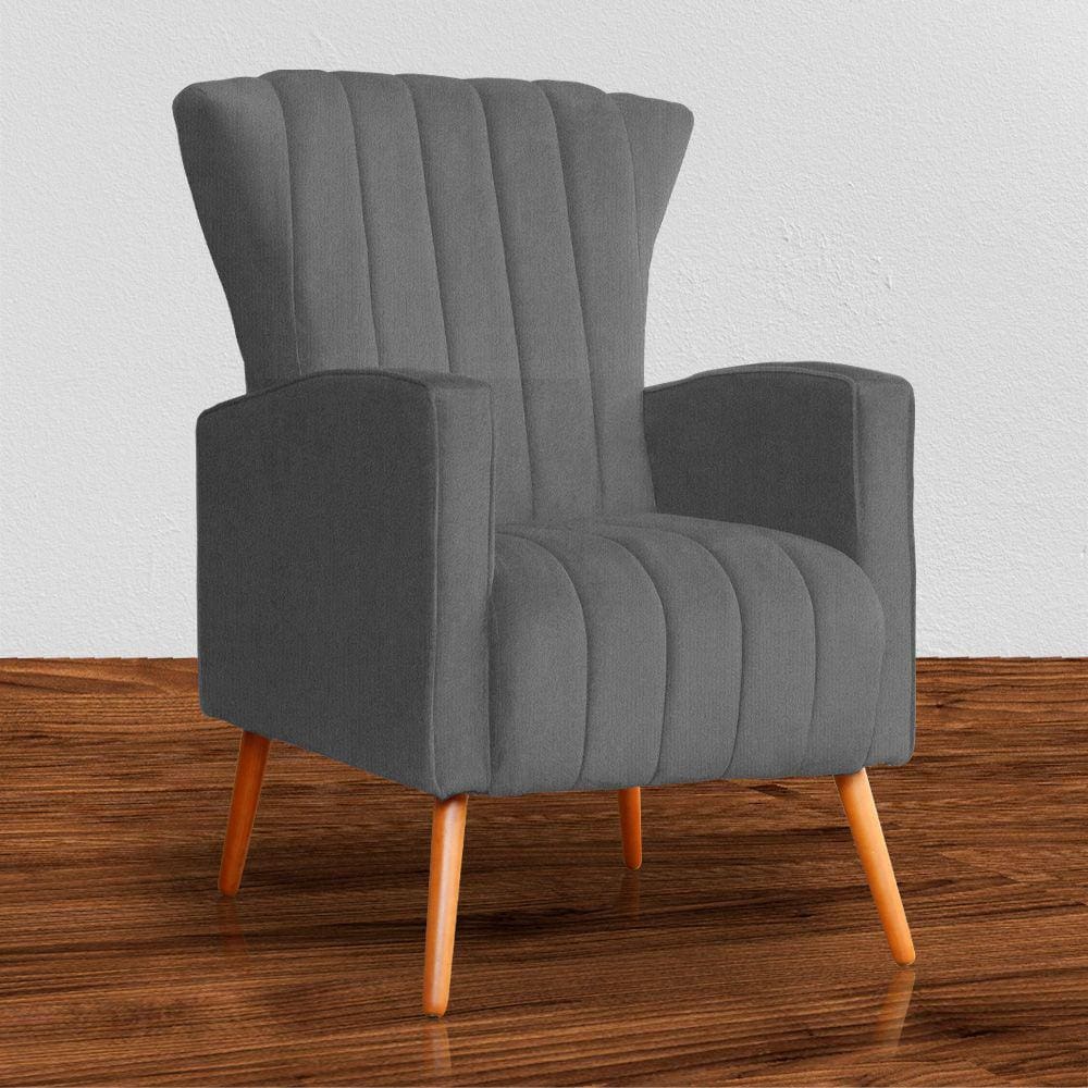 Poltrona Estofada Pés Palito Sala de Estar Melinda Suede Cinza - LM DECOR