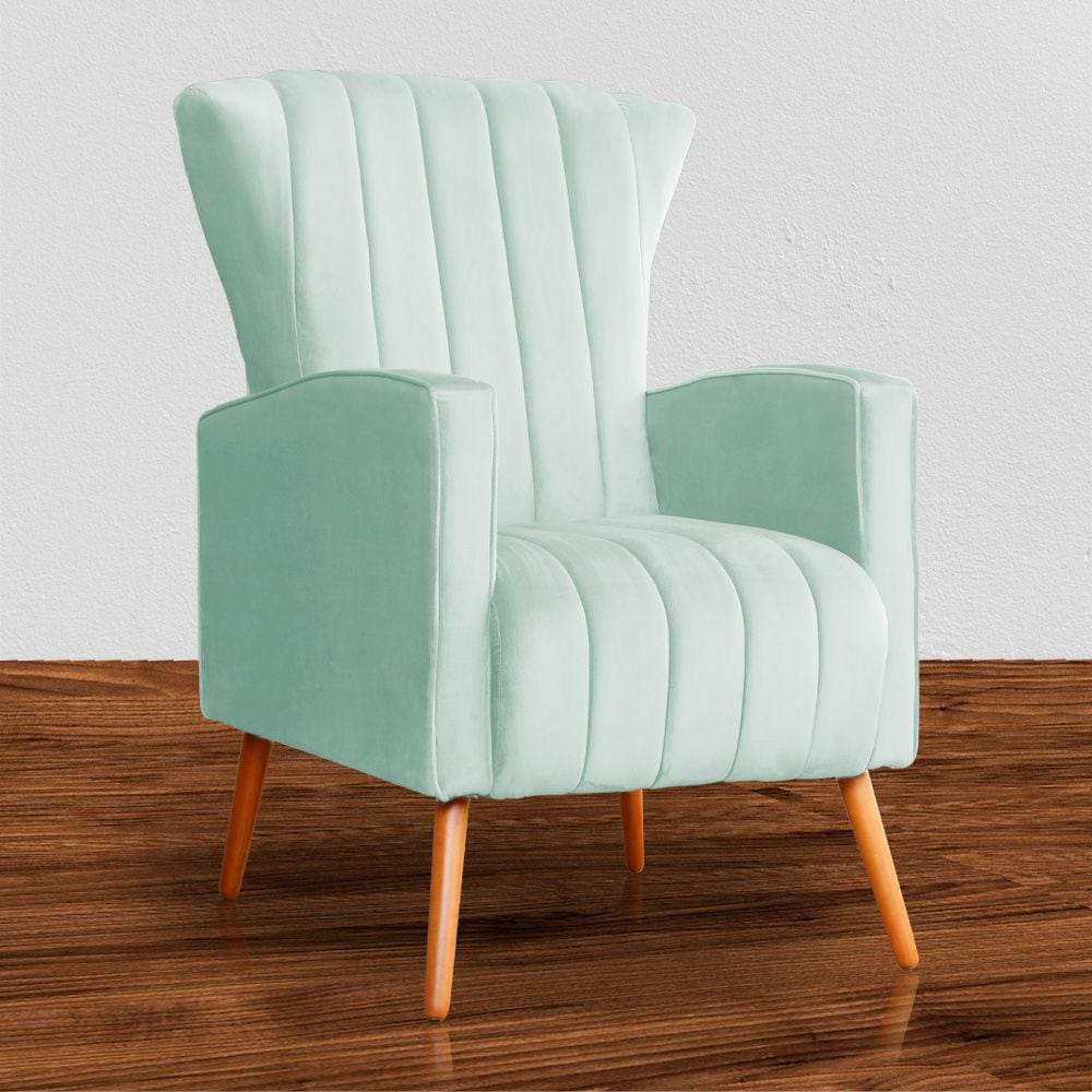 Poltrona Estofada Pés Palito Sala de Estar Melinda Veludo Acqua - LM DECOR