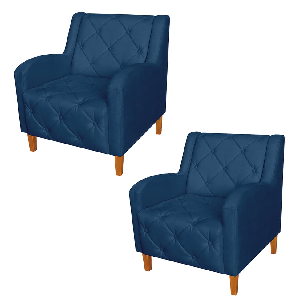 Conjunto 2 Poltronas Estofadas Para Sala De Estar Munique Suede Azul Marinho - LM DECOR