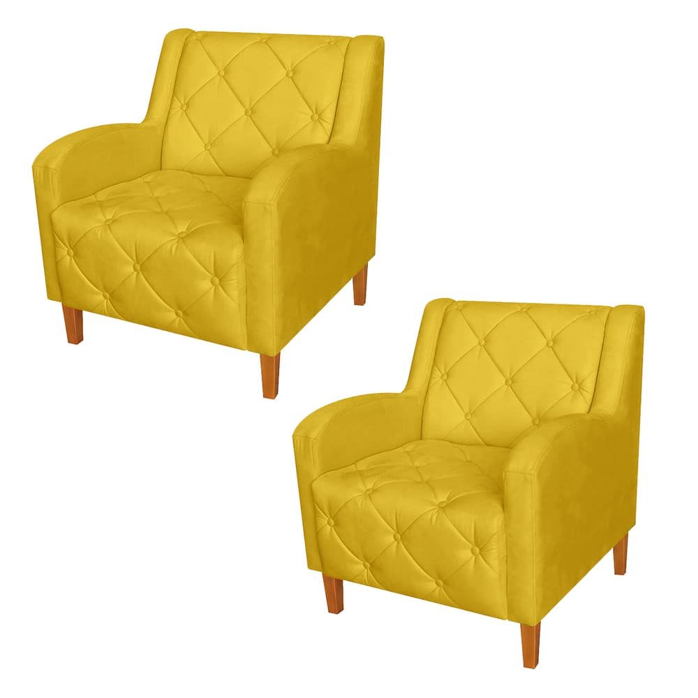 Conjunto 2 Poltronas Estofadas Para Sala De Estar Munique Suede Amarelo - LM DECOR