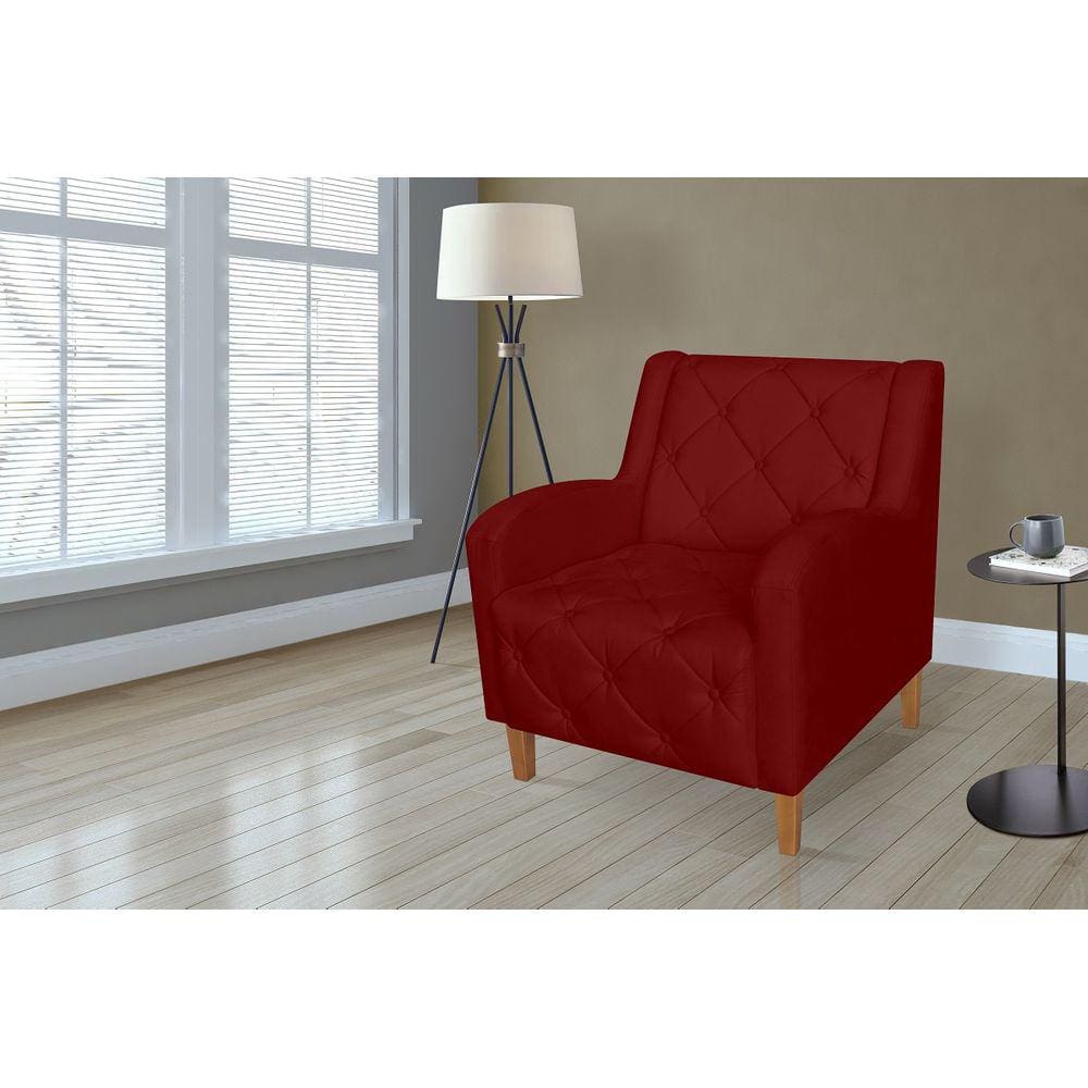 Poltrona Decorativa Com Capitone Para Quarto Munique Suede Vermelho Bordô  - LM DECOR