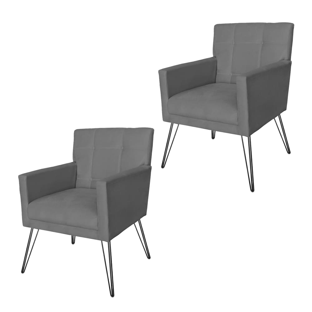Kit 2 Poltronas Estofadas Para Escritório Pés de Ferro Onix Suede Cinza - LM DECOR