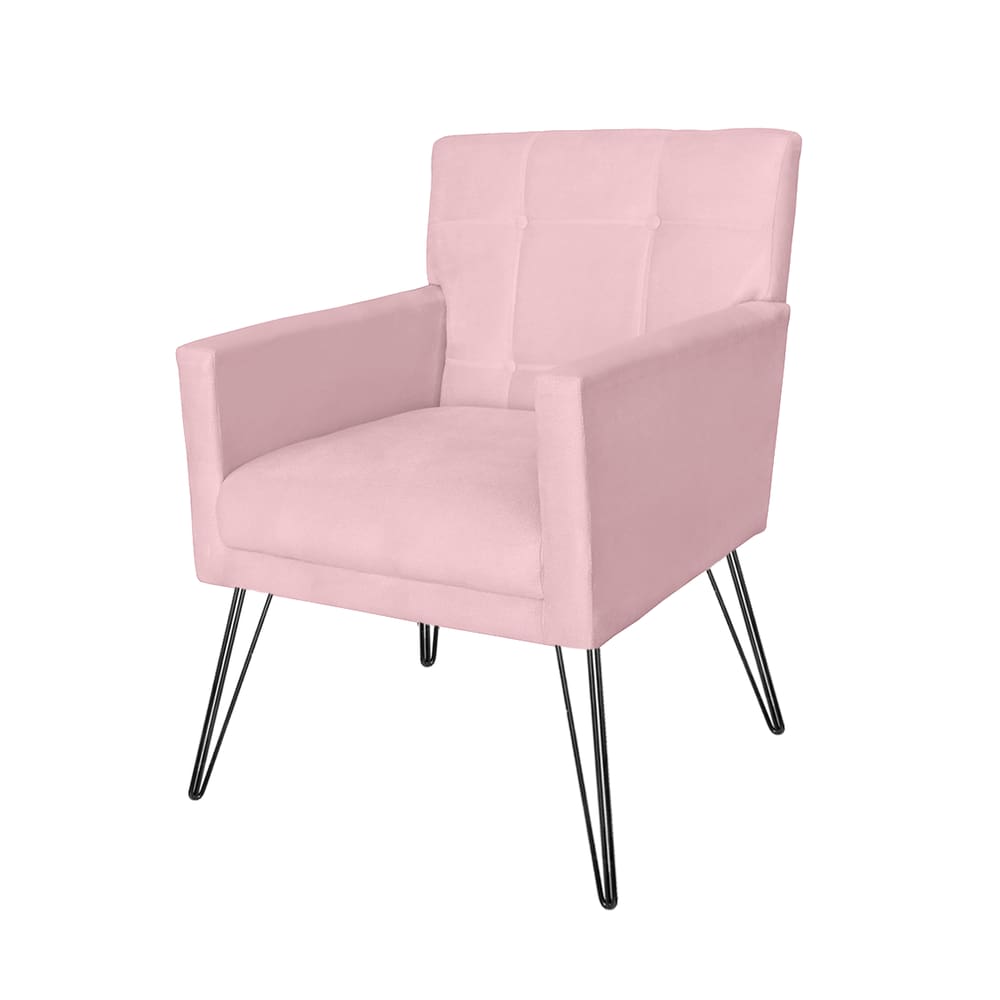 Poltrona Estofada Para Sala Comercial Pés de Ferro Onix Corano Rosa Bebe - LM DECOR