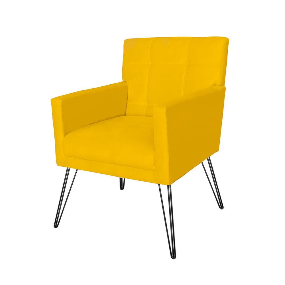 Poltrona Estofada Para Salão de Beleza Pés de Ferro Onix Suede Amarelo - LM DECOR