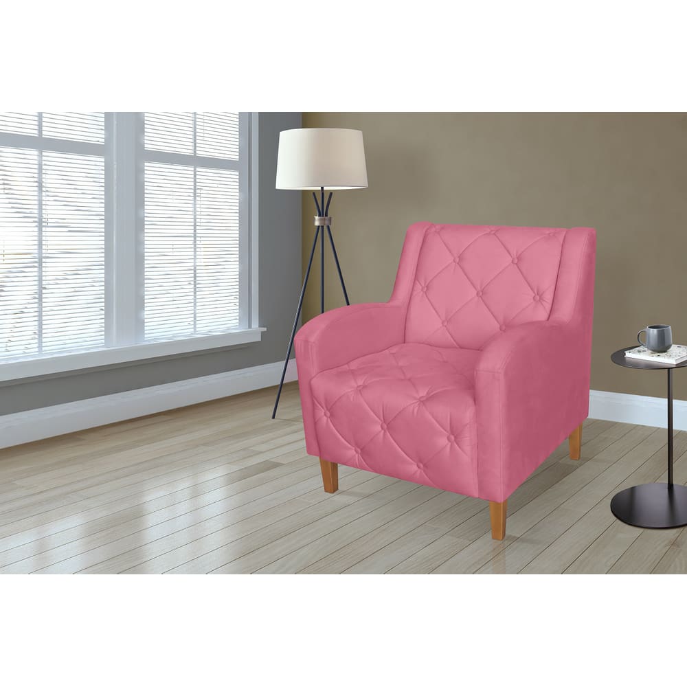 Poltrona Decorativa Com Capitone Para Quarto Munique Suede Rosa Barbie - LM DECOR