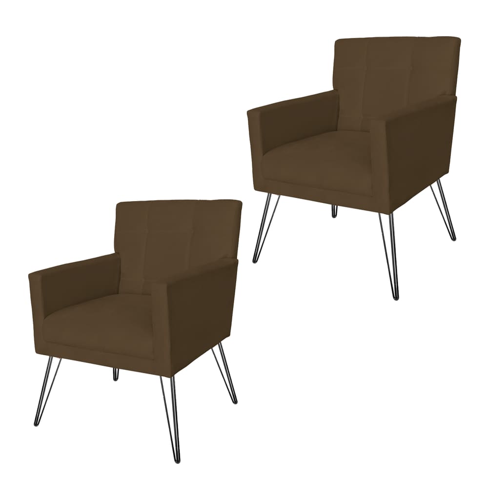 Jogo 2 Poltronas Estofadas Para Consultório Pés de Ferro Onix Corano Marrom - LM DECOR