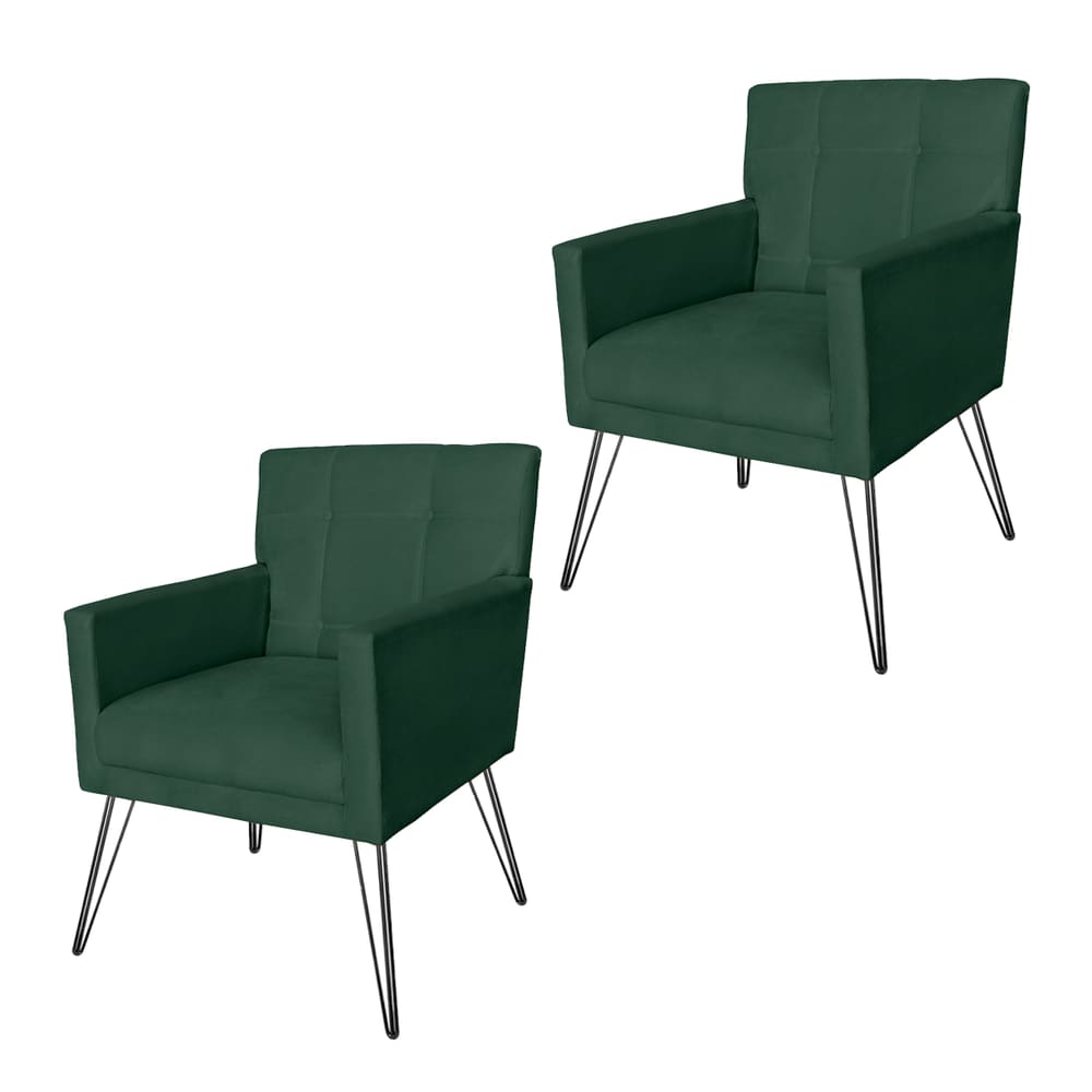Jogo 2 Poltronas Estofadas Para Consultório Pés de Ferro Onix Suede Verde - LM DECOR