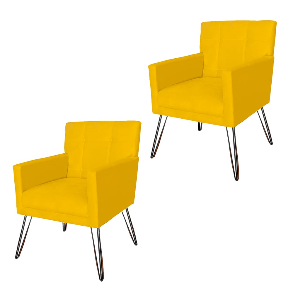 Jogo 2 Poltronas Estofadas Para Consultório Pés de Ferro Onix Corano Amarelo - LM DECOR