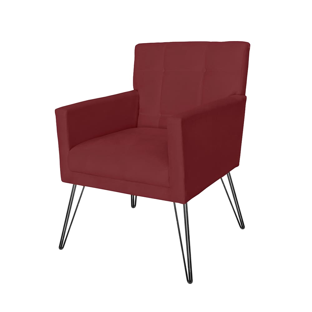 Poltrona Estofada Para Sala de Estar Pés de Ferro Onix Suede Vermelho Bordo - LM DECOR